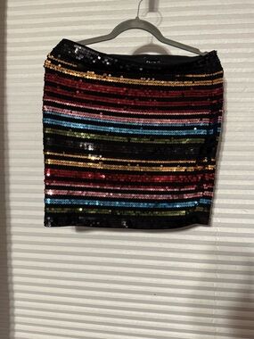 Express Black Rainbow Sequin Mini Skirt with Multicolor Stripe Sequins